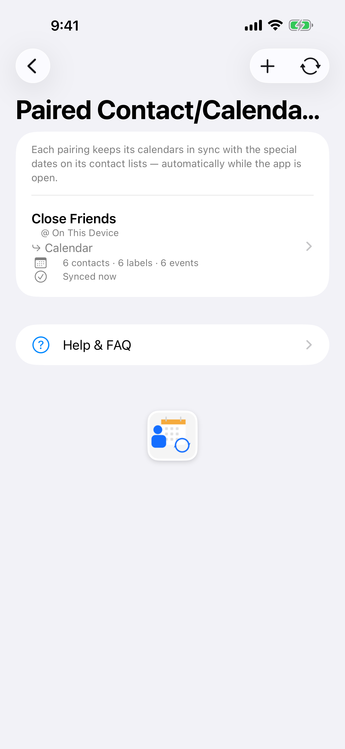 Main screen: a contact list paired with a calendar